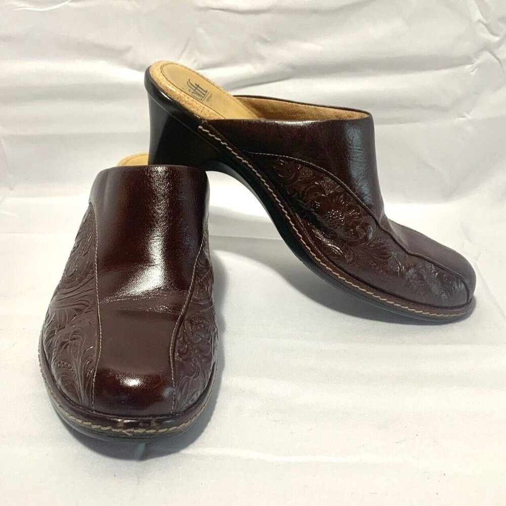 Leather Embossed Brown Mule Clogs
